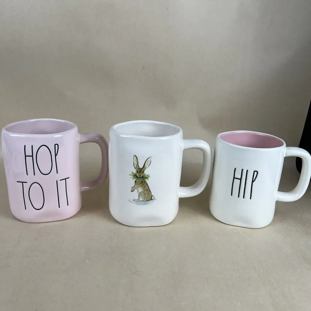 3 RAE DUNN Artisan‎ By Magenta EASTER MUGS - BUNNY, “HOP TO IT”, “ HIP HOP”
